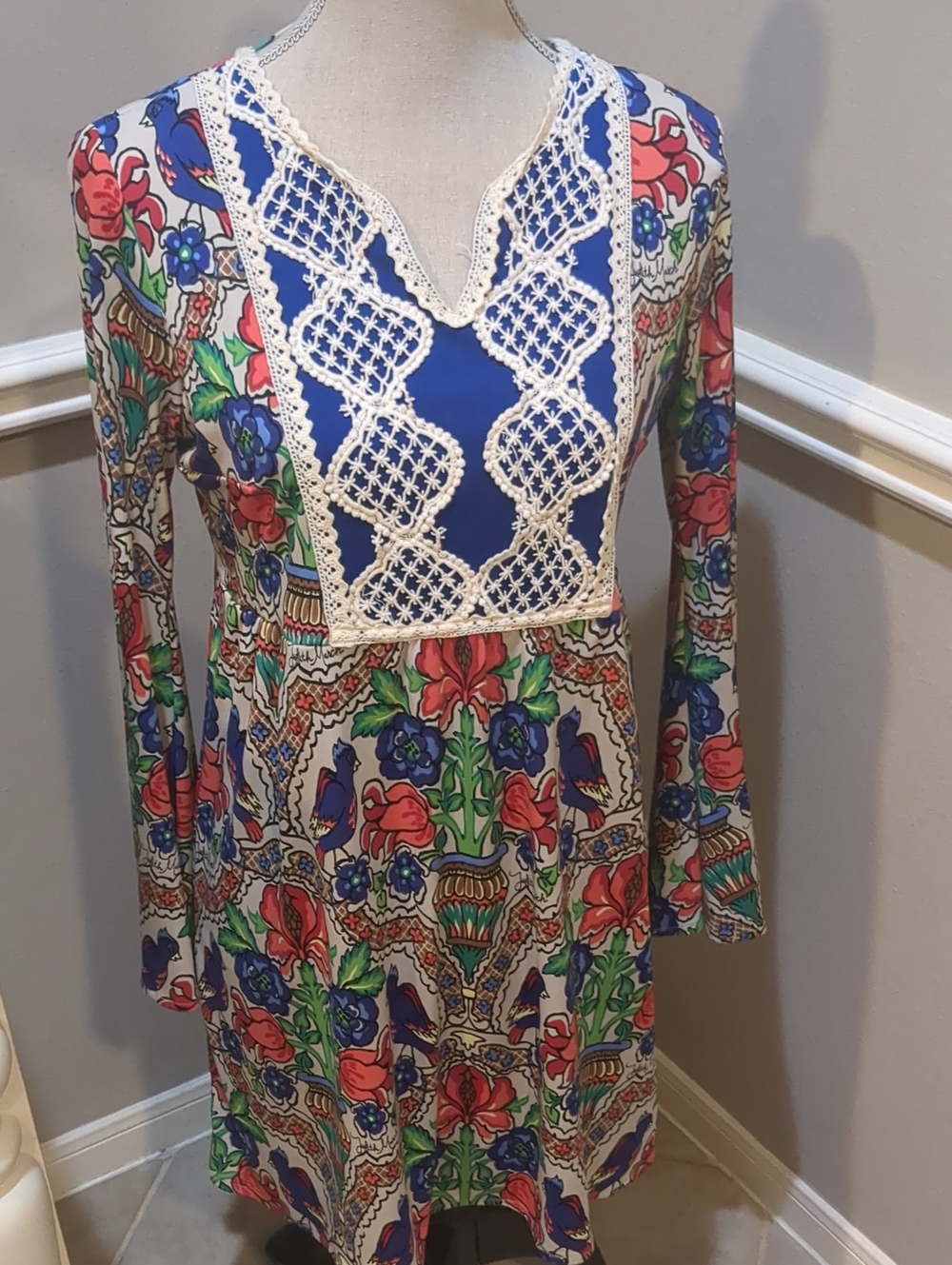 Judith March Floral Crochet-Trim Long Sleeve Dress in Blue and Multi